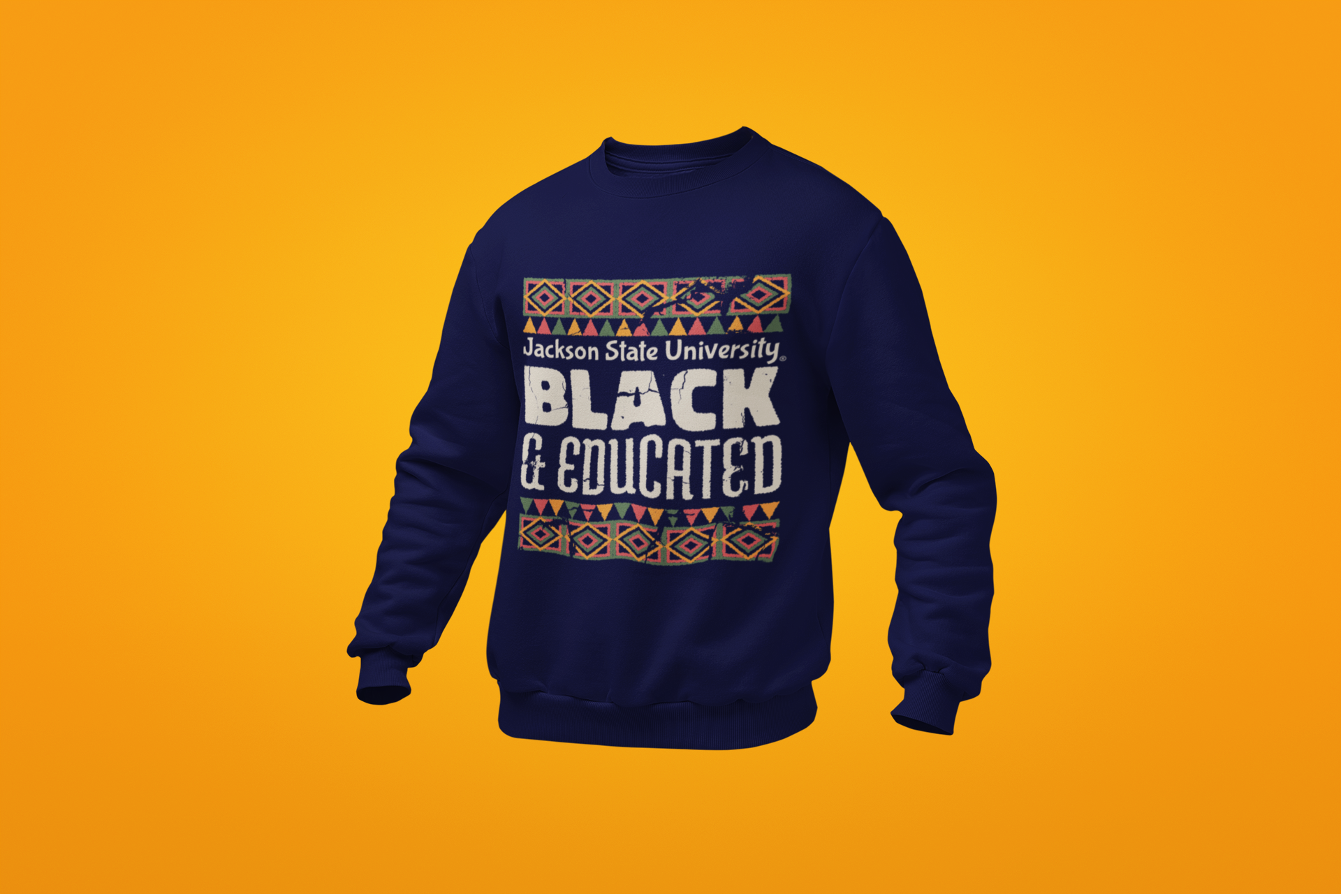 Navy blue crewneck sweatshirt product photo with “Jackson State University” Black &amp; Educated graphic