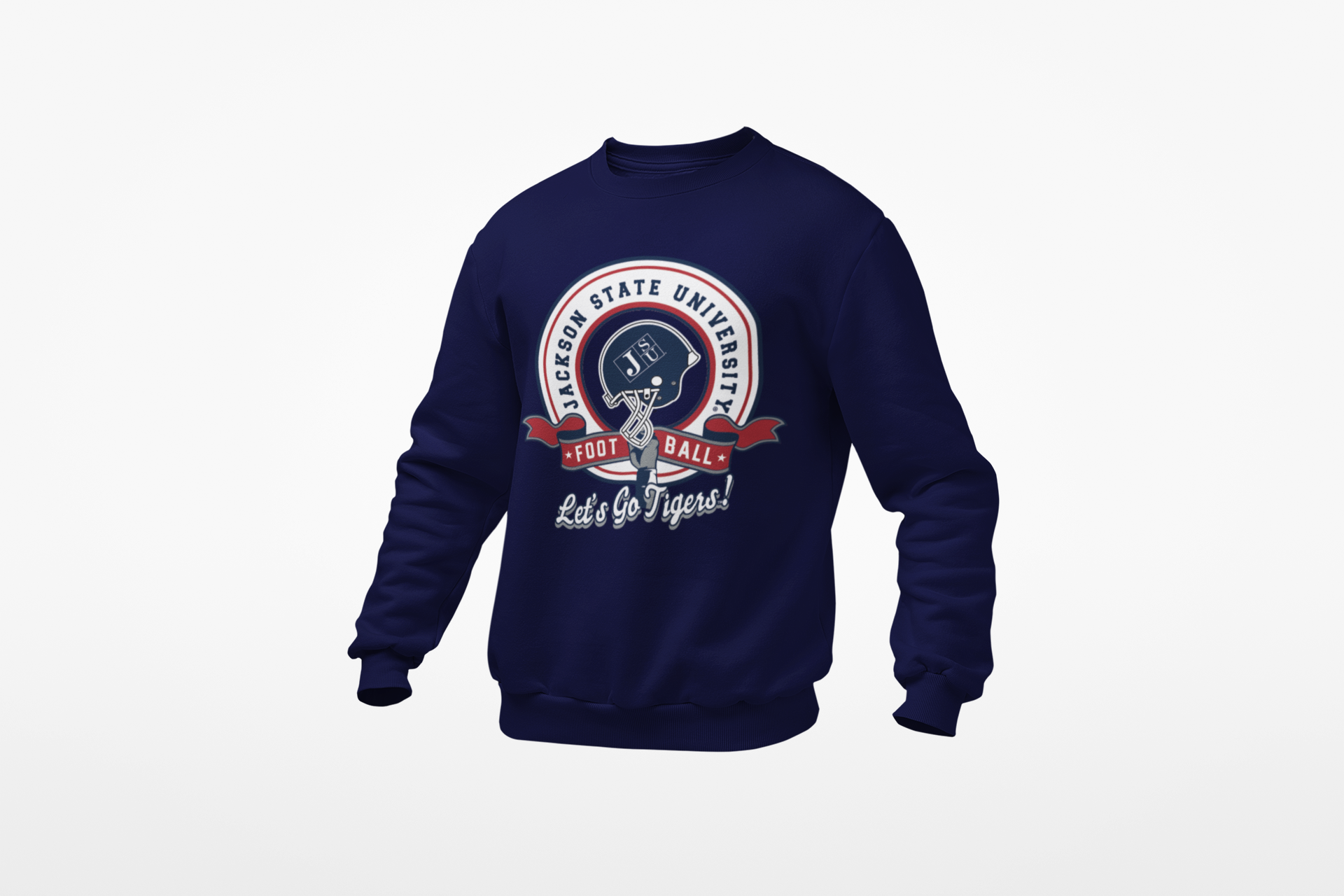 Youth crewneck sweatshirt, navy with university football badge logo and Lets Go Tigers print
