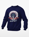 Youth crewneck sweatshirt, navy with university football badge logo and Lets Go Tigers print