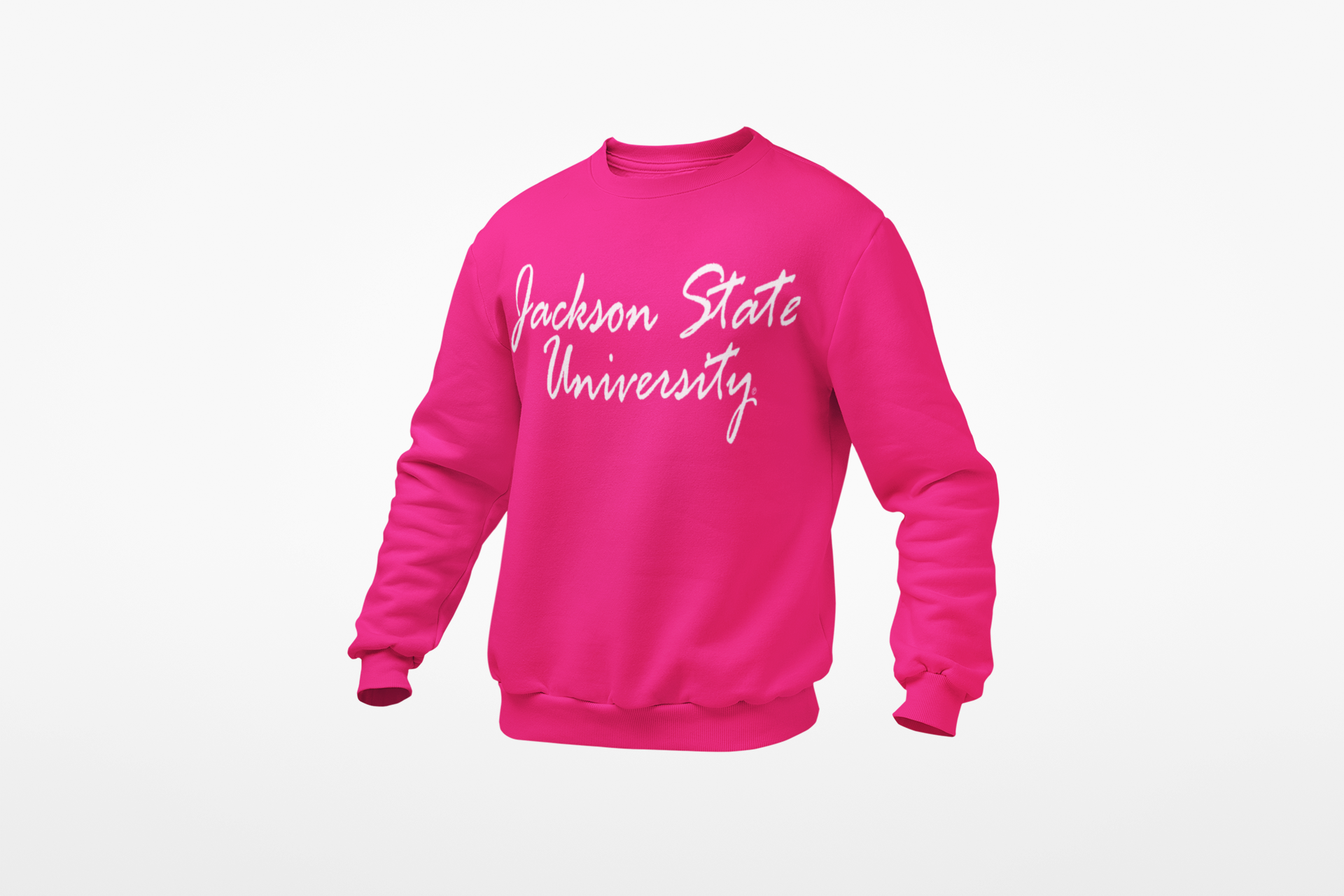Hot pink unisex crewneck sweatshirt with white script university logo