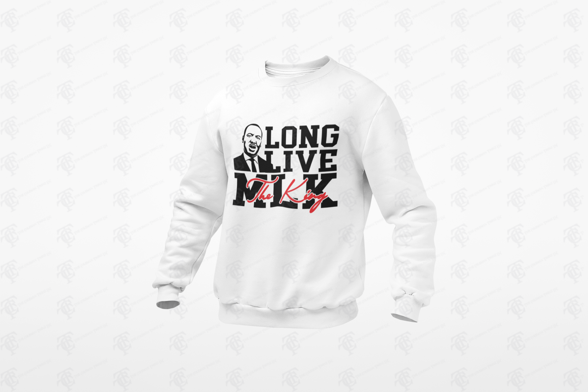 White crewneck sweatshirt with "LONG LIVE The King" front graphic