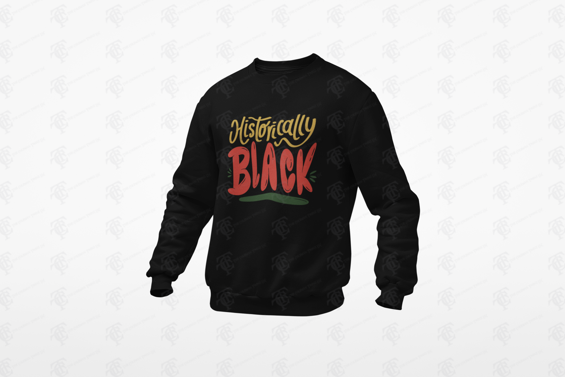 Black unisex crewneck sweatshirt with colorful 'Historically Black' front print