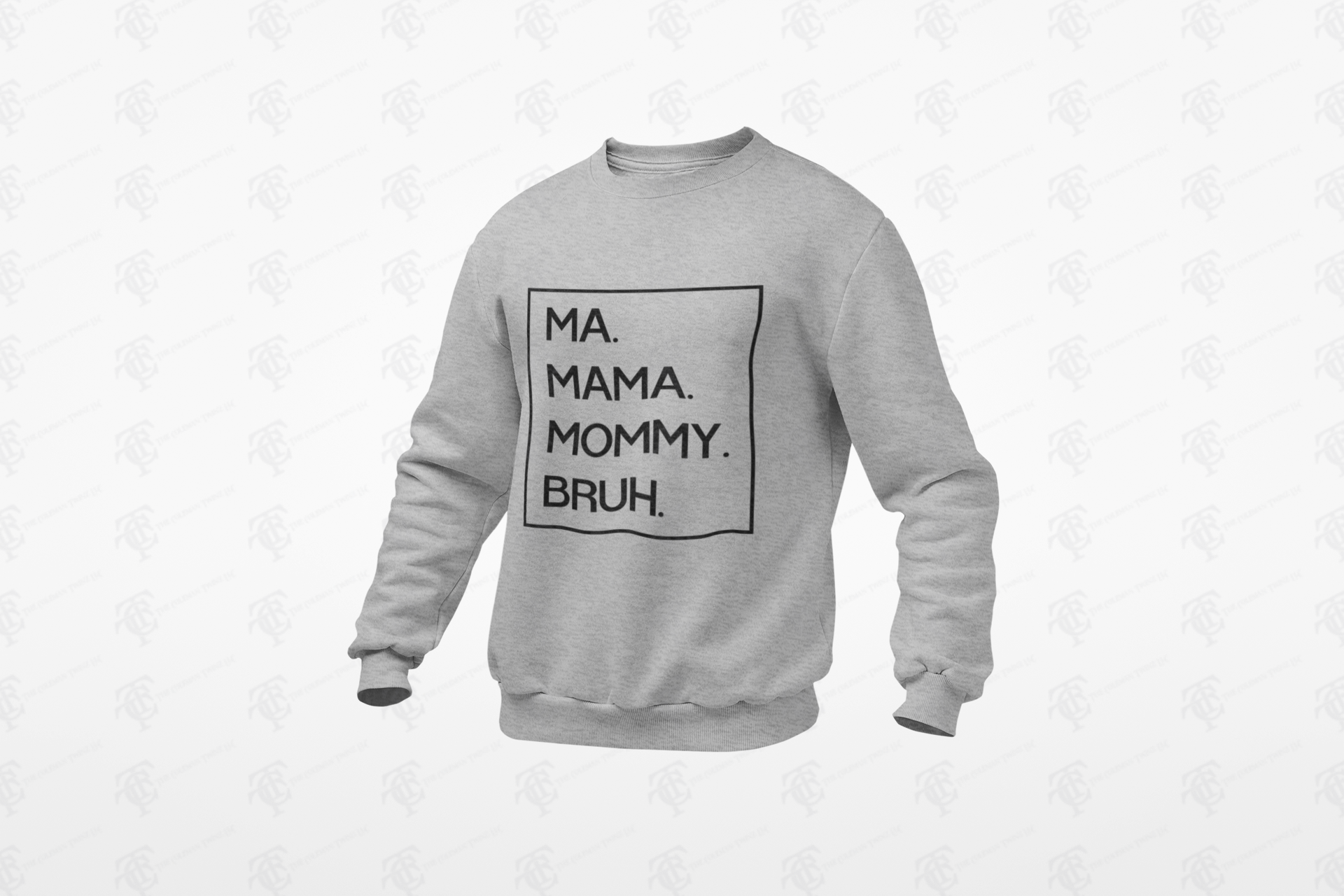 Athletic heather grey crewneck sweatshirt with black MA MAMA MOMMY BRUH lettering in square
