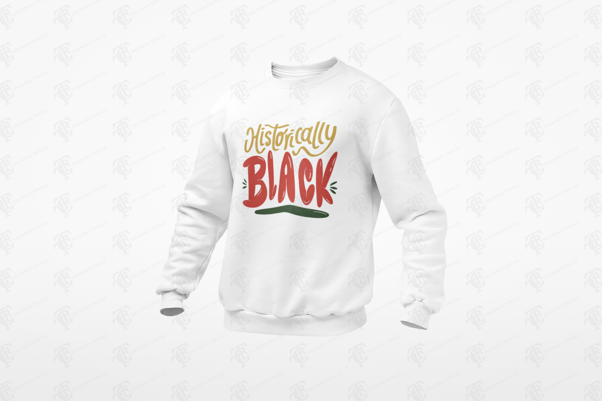 White unisex crewneck sweatshirt with colorful 'Historically Black' front print