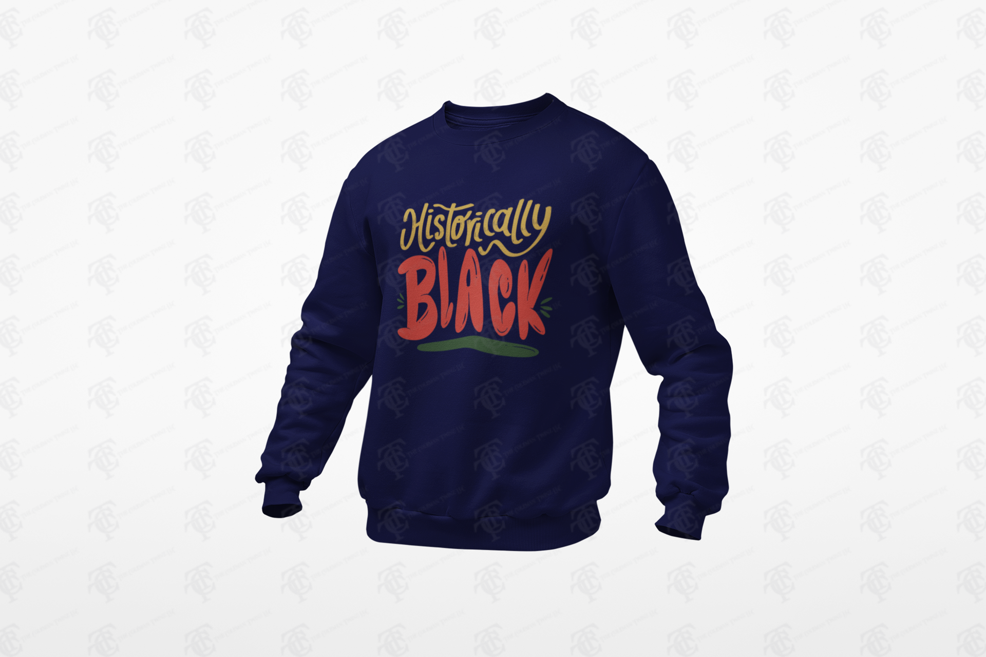 Navy unisex crewneck sweatshirt with colorful 'Historically Black' front print