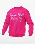 Hot pink unisex crewneck sweatshirt with white script university logo