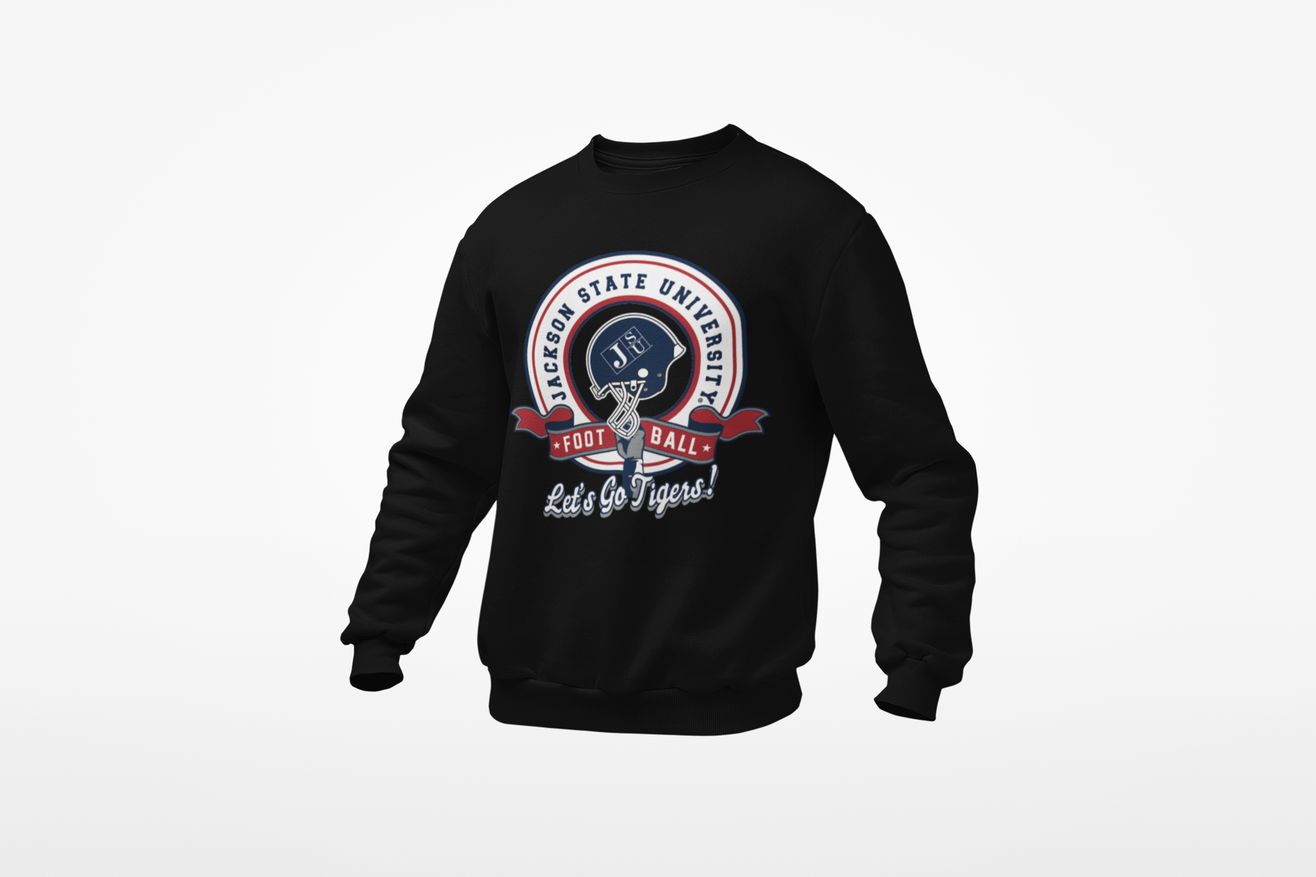 Youth crewneck sweatshirt, black with university football badge logo and Lets Go Tigers print