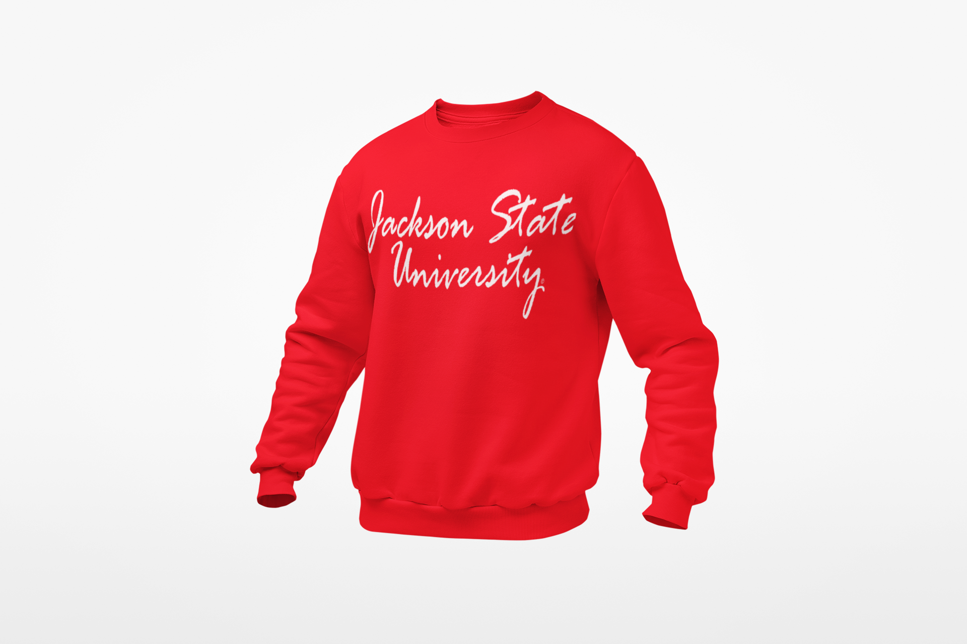 Red unisex crewneck sweatshirt with white script university logo