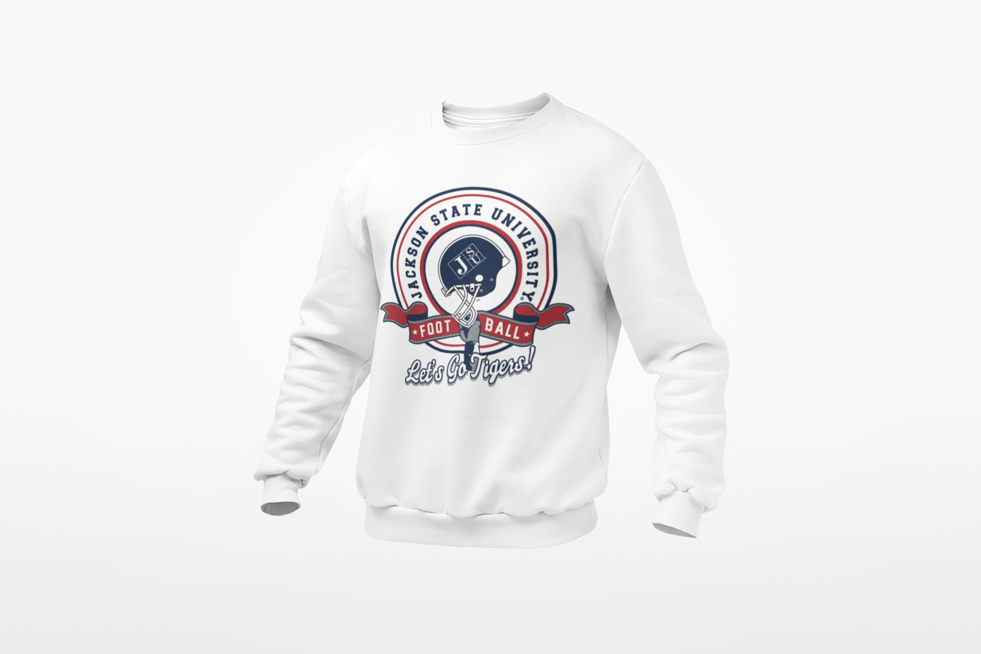 White toddler crewneck sweatshirt with Jackson State football logo and “Let’s Go Tigers”