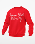 Red unisex crewneck sweatshirt with white script university logo