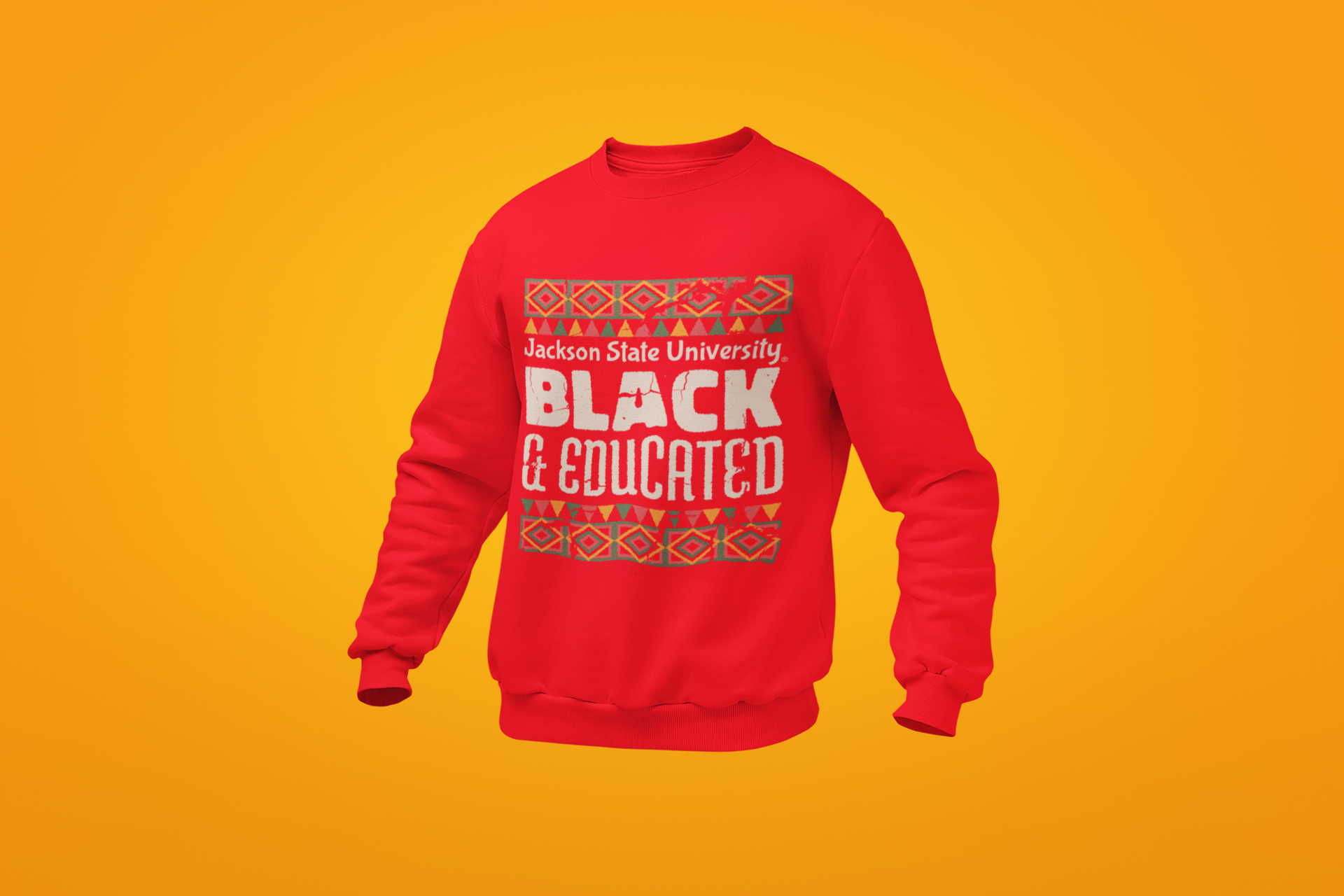 Red crewneck sweatshirt product photo with “Jackson State University” Black &amp; Educated graphic