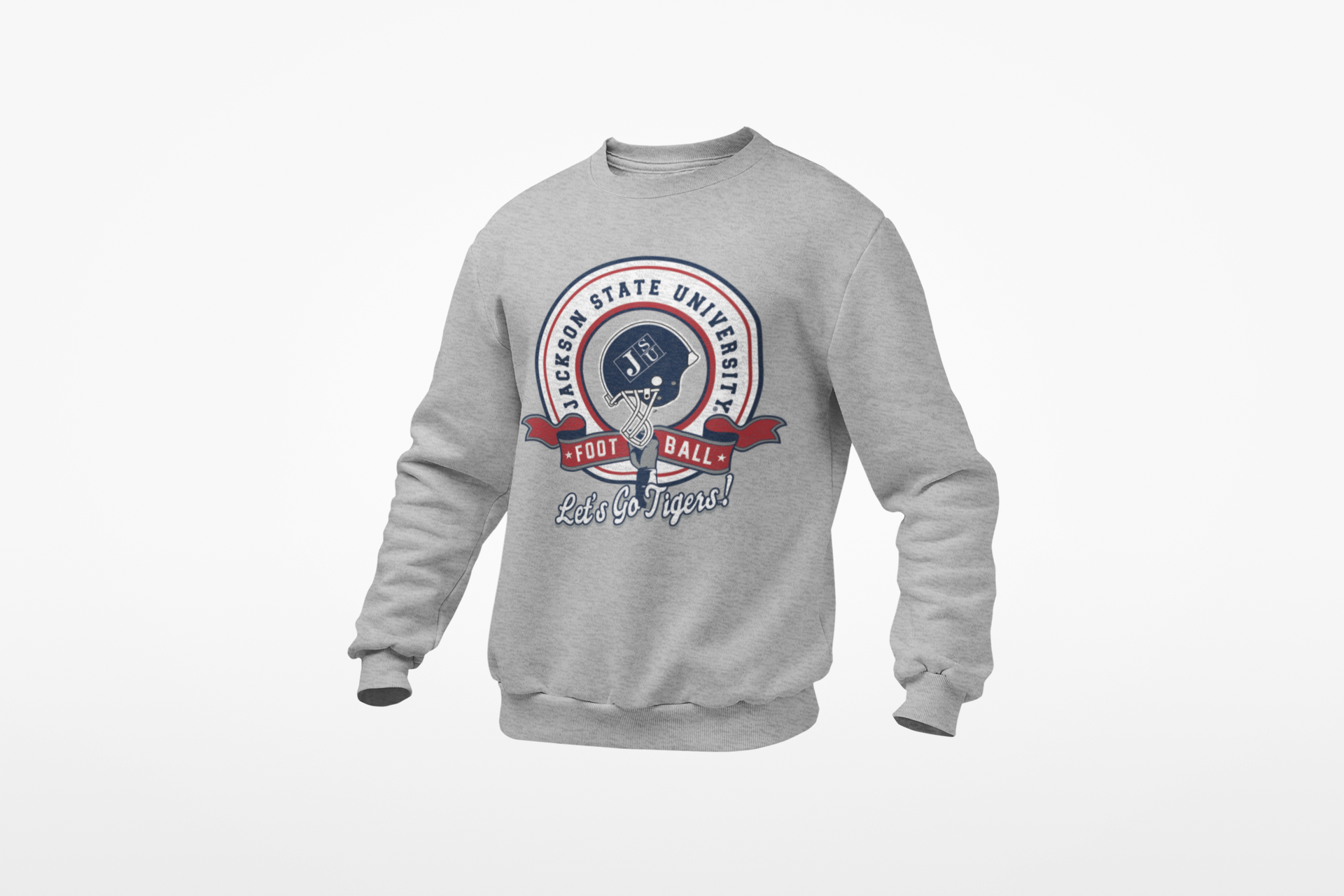 Light gray toddler crewneck sweatshirt with Jackson State football emblem and “Let’s Go Tigers”
