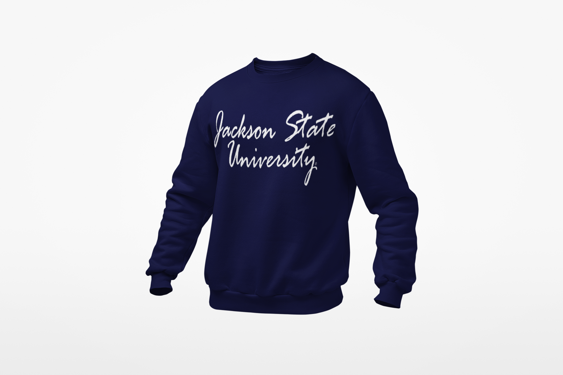 Navy unisex crewneck sweatshirt with white script university logo