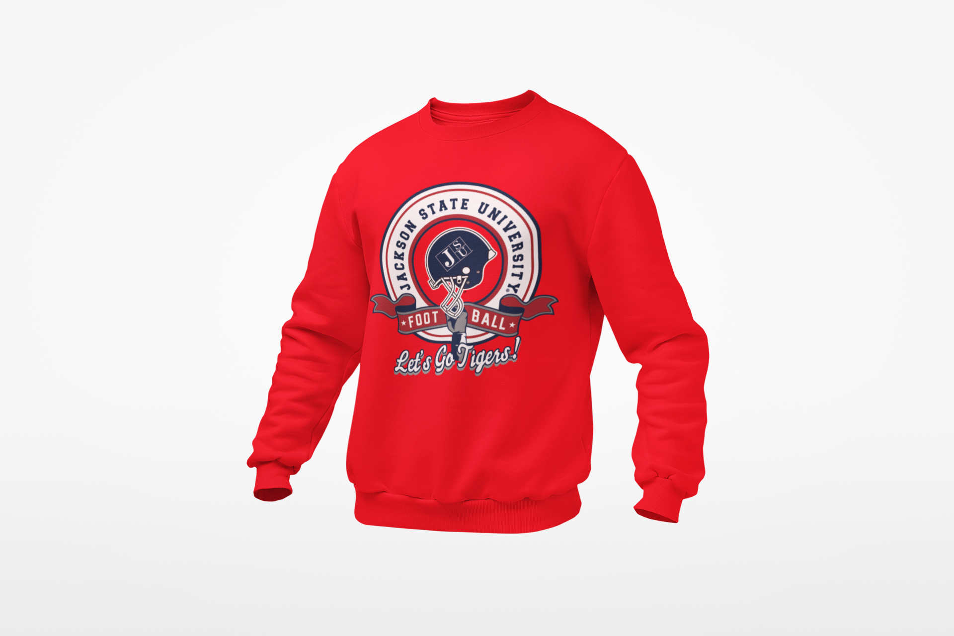 Youth crewneck sweatshirt, red front graphic with university football badge and Lets Go Tigers text