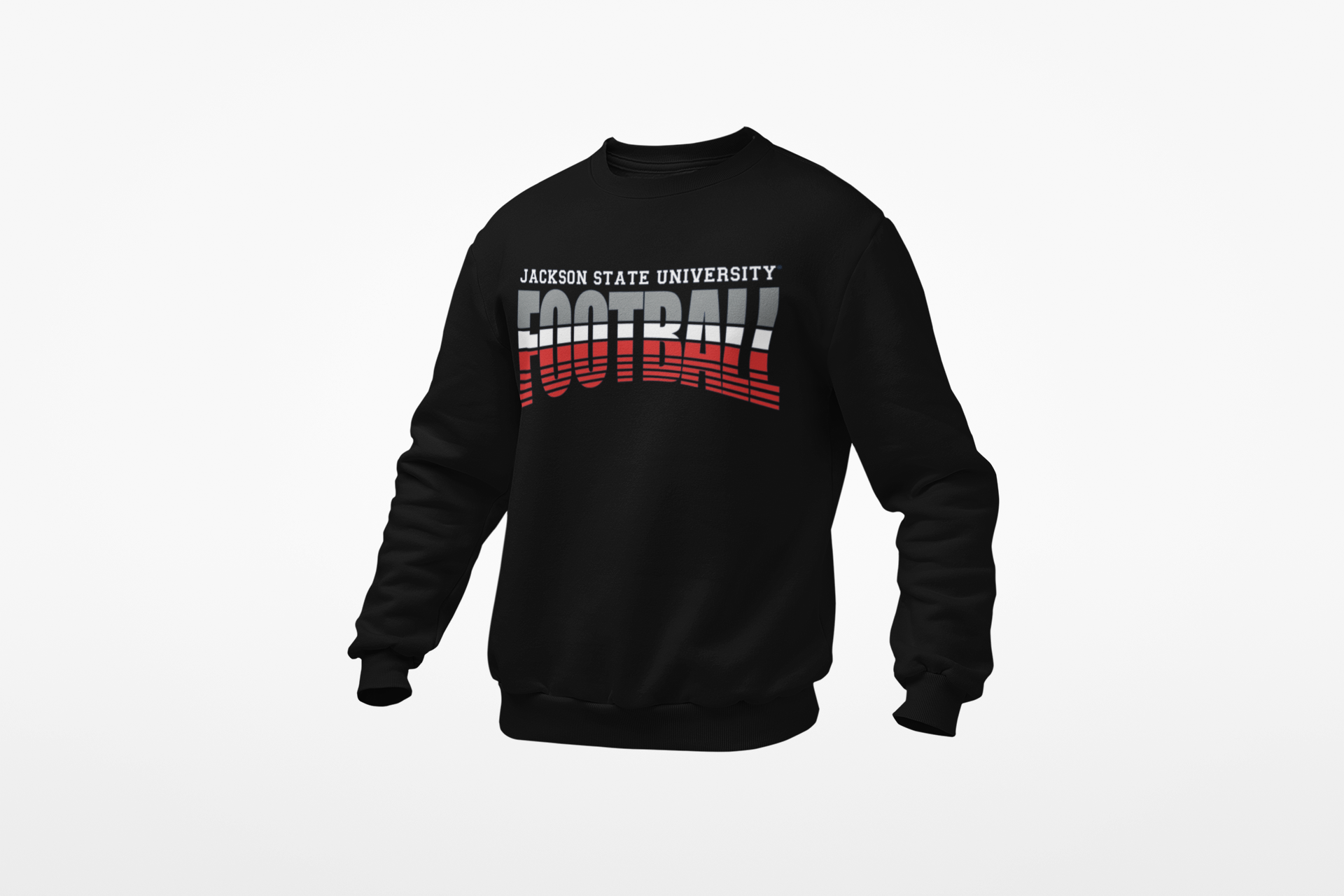 Black crewneck football sweatshirt with stacked JACKSON STATE UNIVERSITY logo graphic