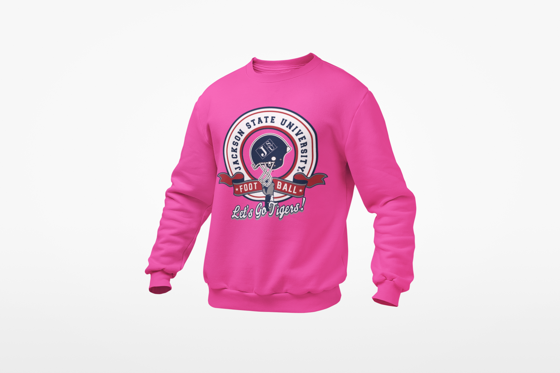 Pink toddler crewneck sweatshirt with Jackson State football emblem and “Let’s Go Tigers”