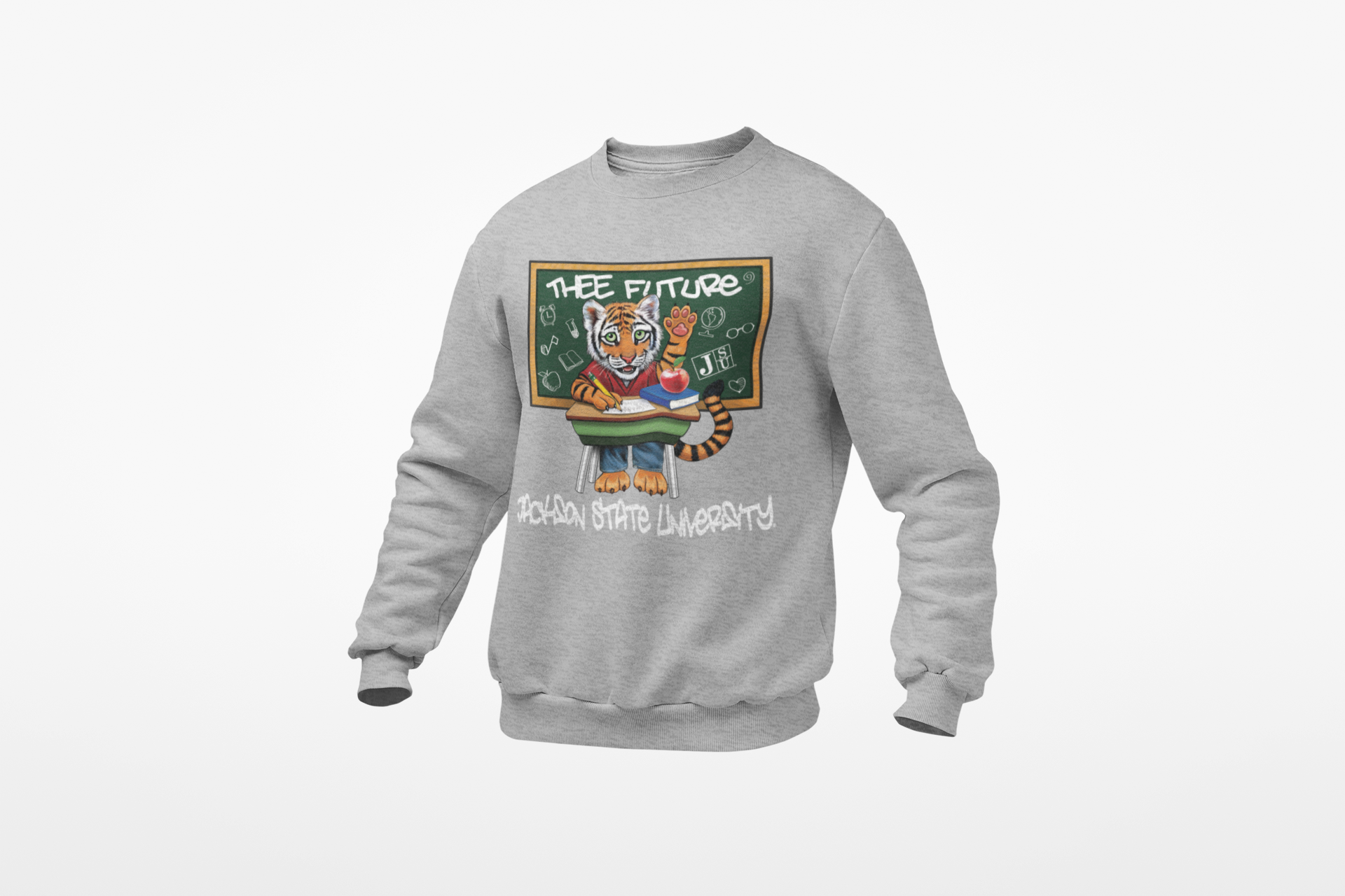 Youth crewneck sweatshirt in light grey with front cartoon 'Thee Future' graphic
