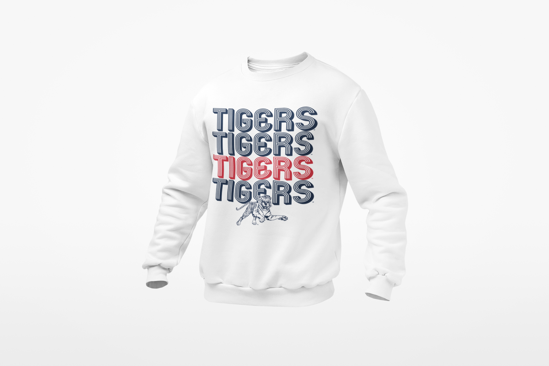 Youth white crew sweatshirt with 'TIGERS' graphic and striped lettering
