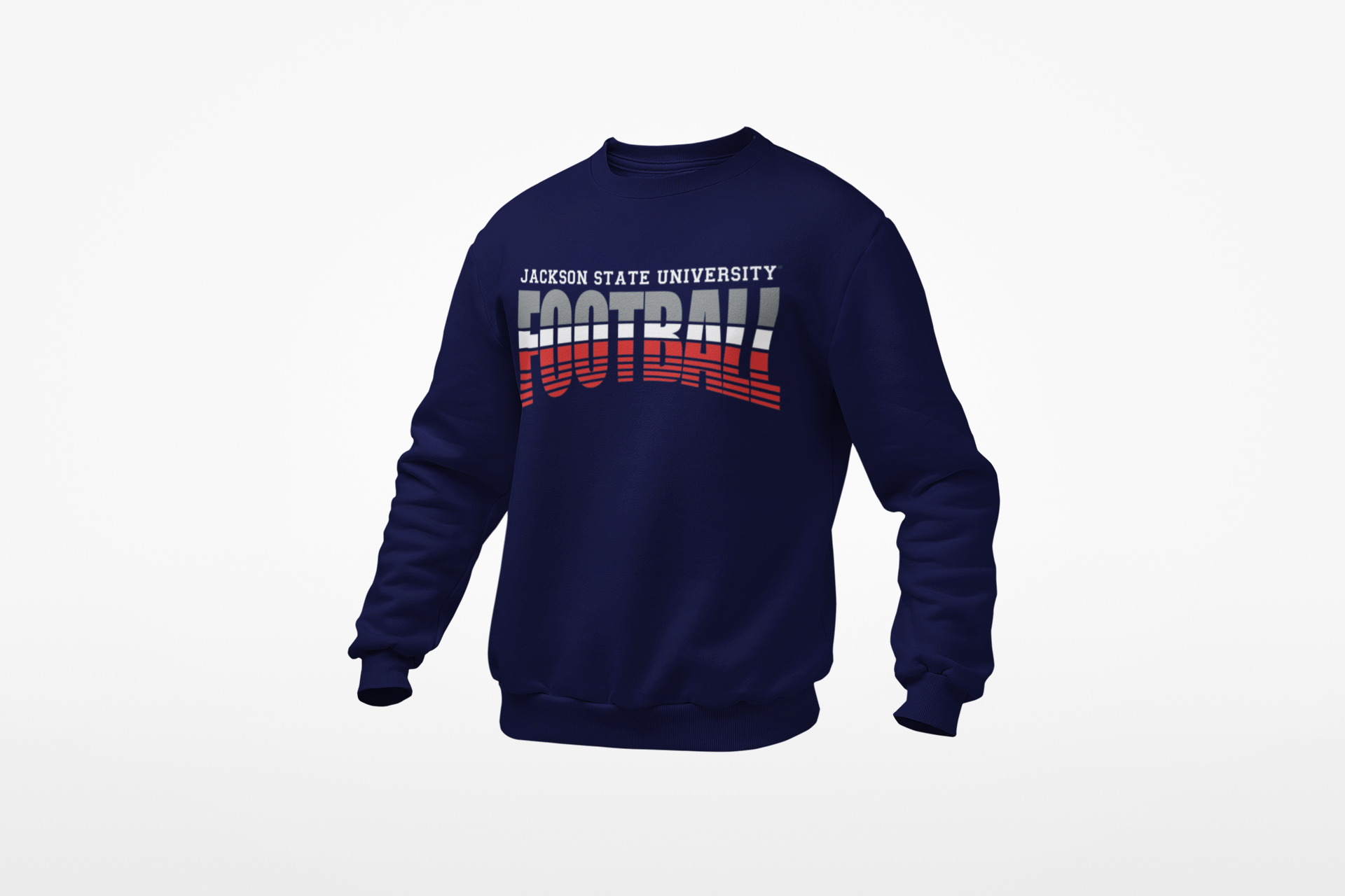 Navy crewneck football sweatshirt with stacked JACKSON STATE UNIVERSITY football logo graphic