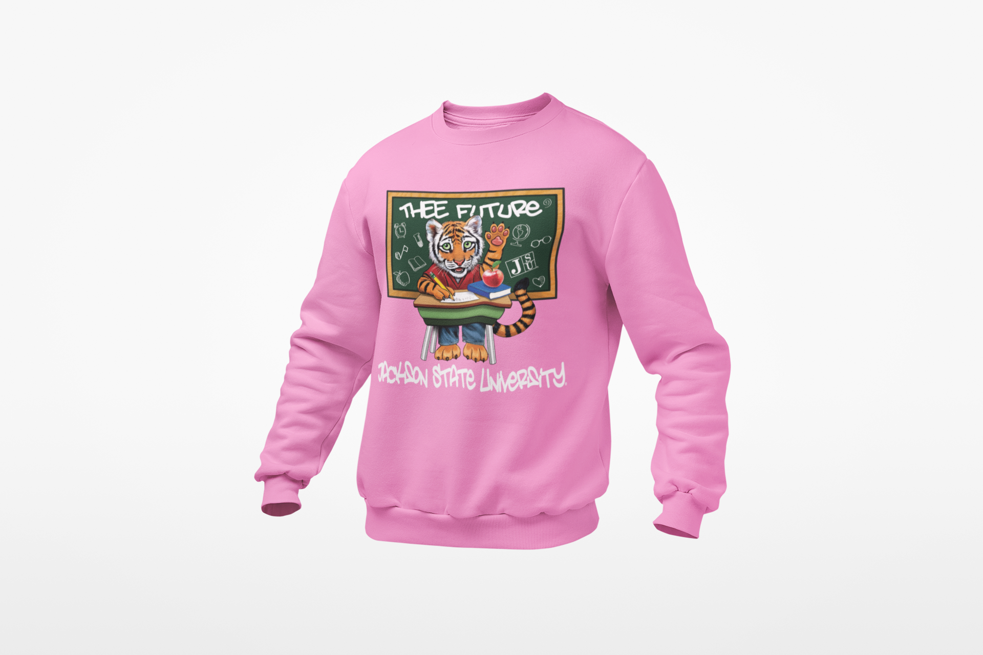 Light pink toddler sweatshirt with front cartoon tiger graphic and "Thee Future" text