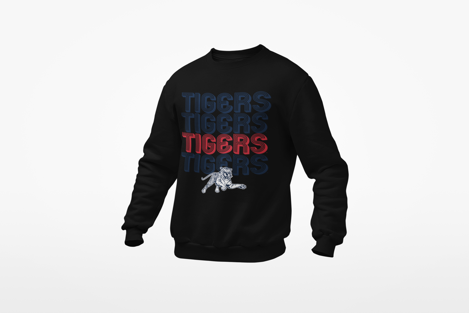Youth black crew sweatshirt with 'TIGERS' graphic and striped lettering