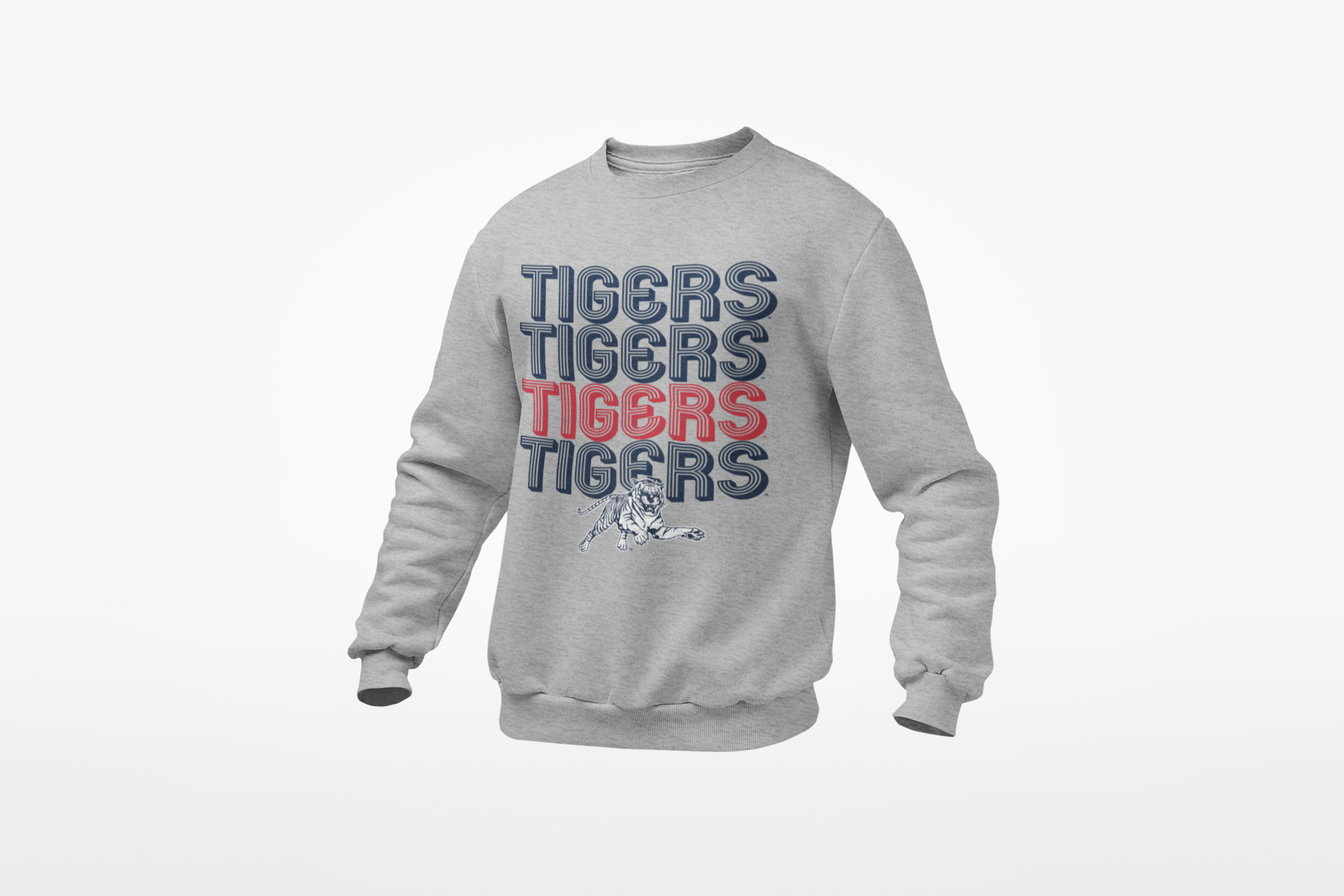 Light gray crewneck sweatshirt with multicolor Tigers retro striped graphic and tiger mascot