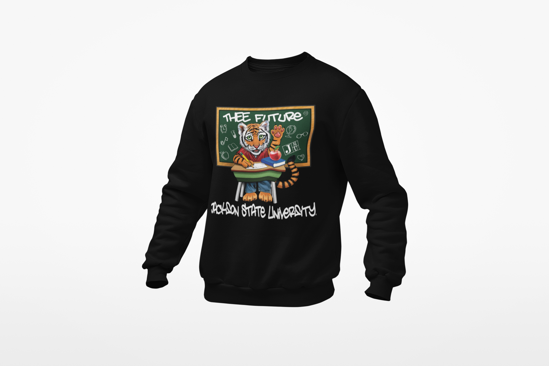Black toddler sweatshirt with front cartoon tiger graphic and "Thee Future" text