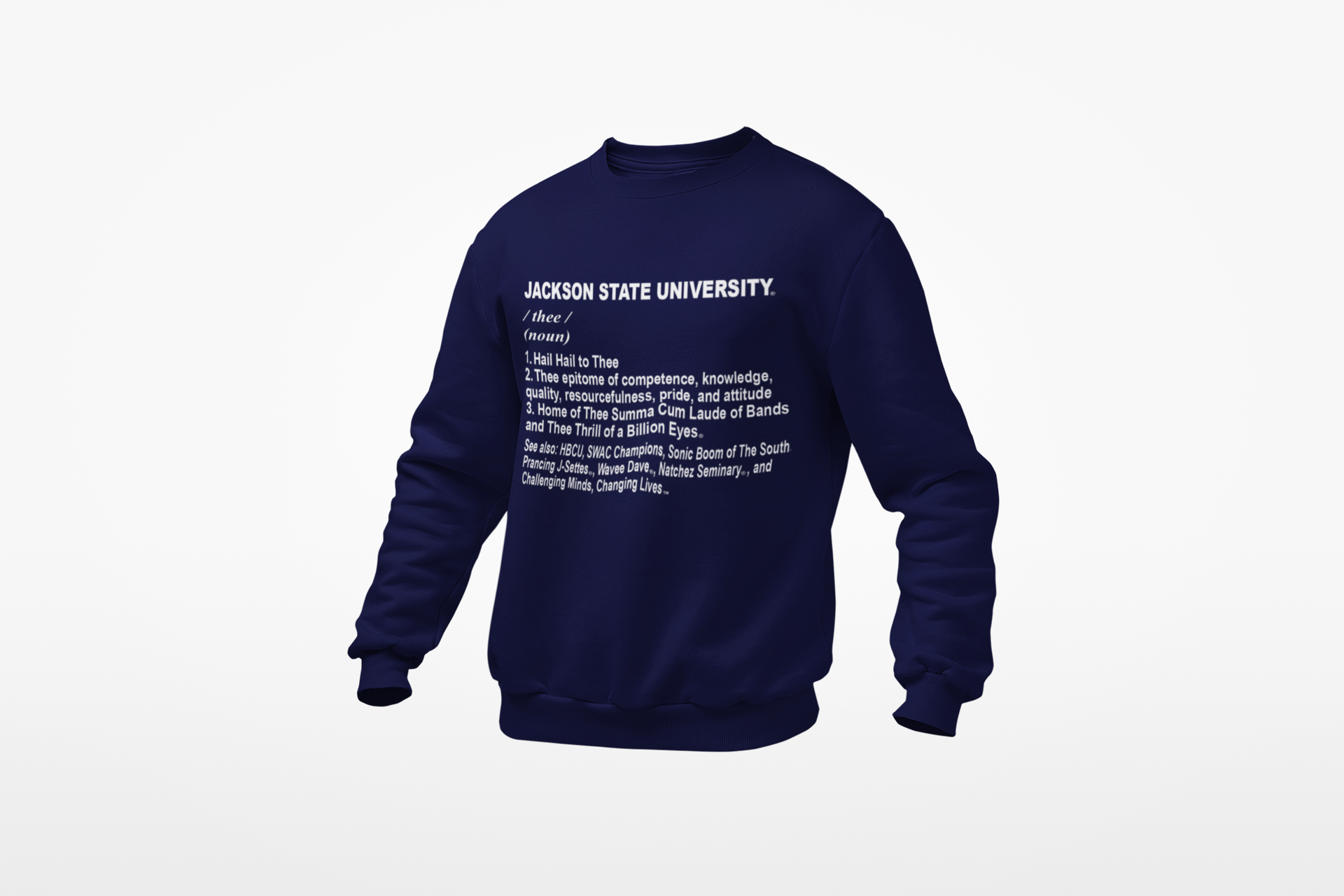 Youth crewneck sweatshirt, dark navy with white Jackson State University text graphic