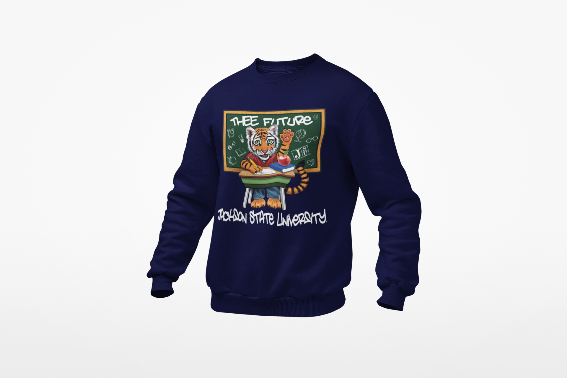 Youth crewneck sweatshirt in navy blue with front cartoon 'Thee Future' graphic