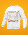 White crewneck sweatshirt product photo with “Jackson State University” Black & Educated graphic
