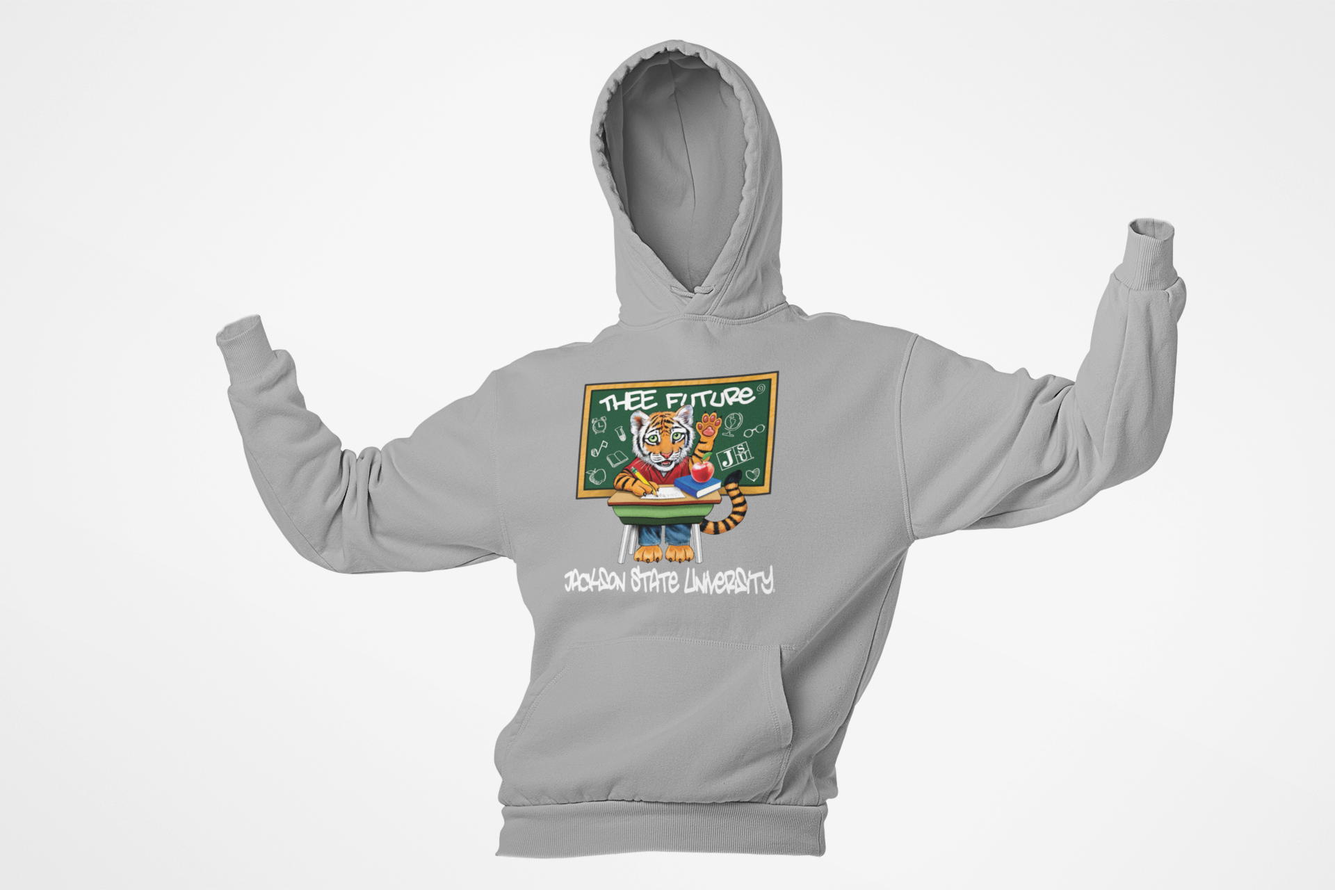 Toddler heather gray pullover hoodie with hood up and centered back graphic