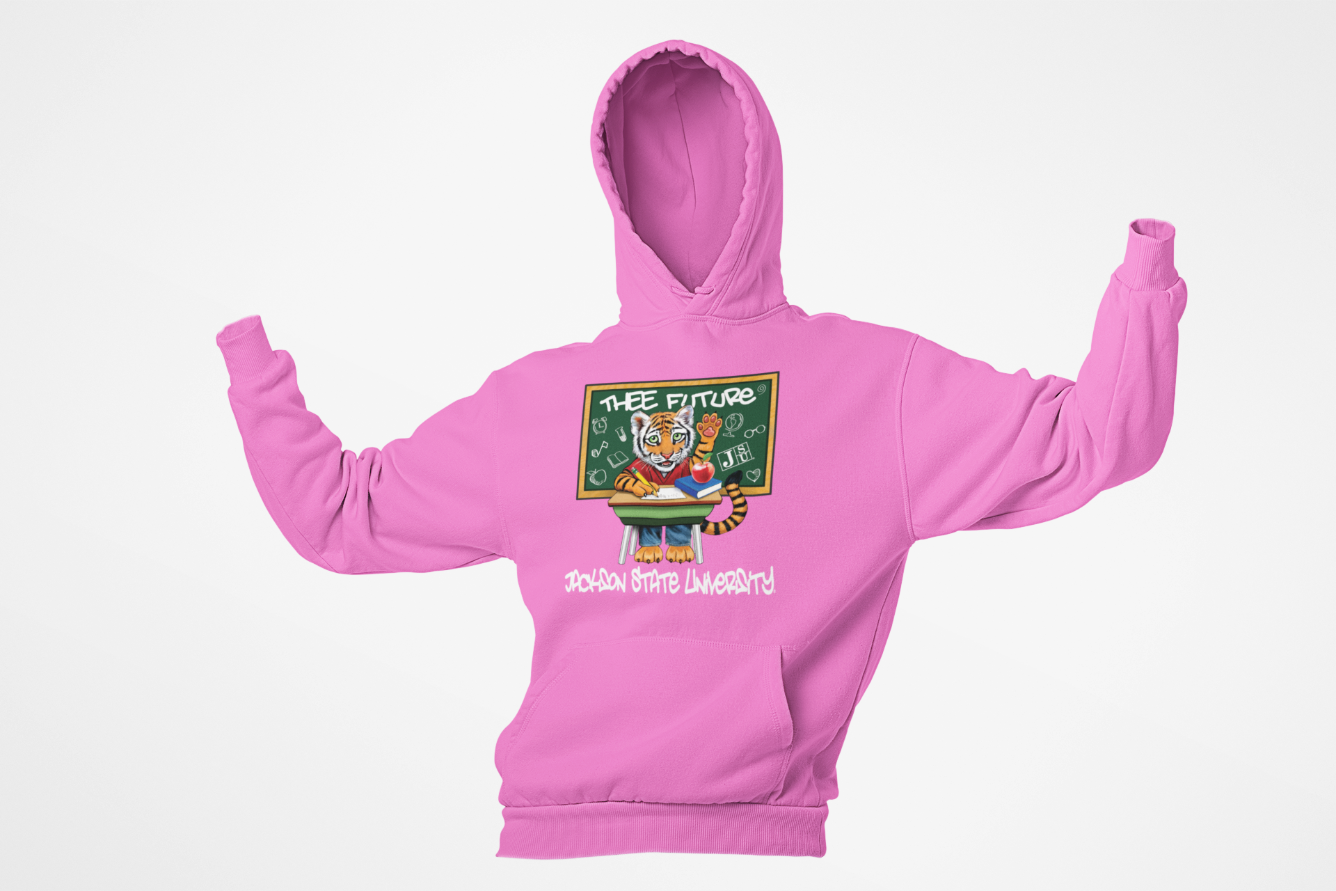 Toddler light pink pullover hoodie with hood up and centered back graphic