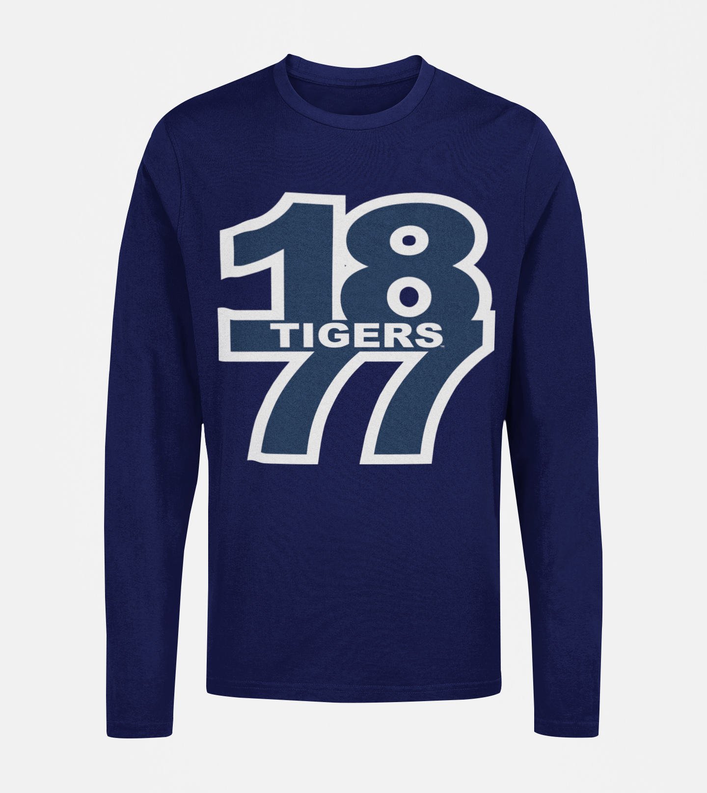 Navy blue long-sleeve crew neck T-shirt with “18 Tigers” front graphic