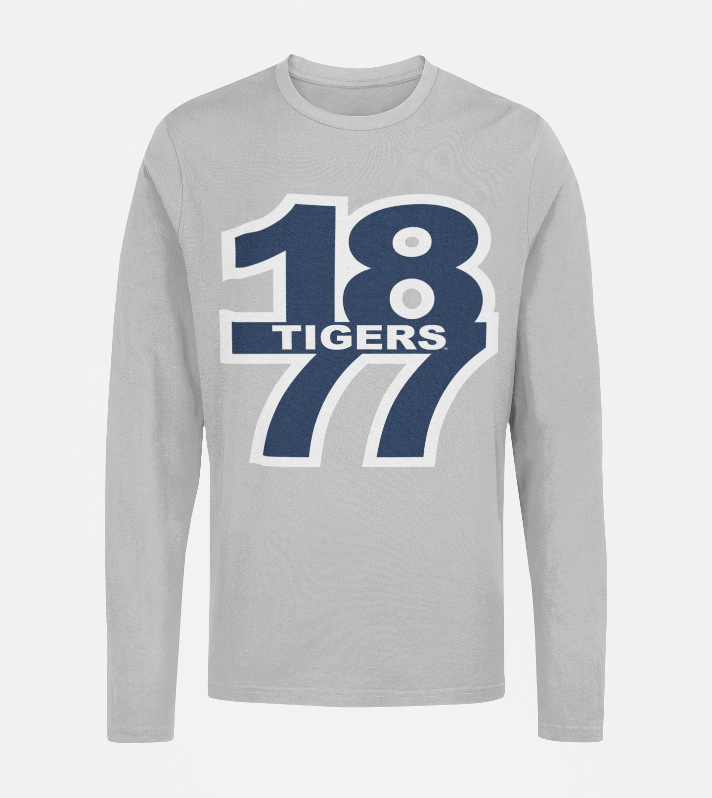 Athletic heather gray long-sleeve crew neck T-shirt with “18 Tigers” front graphic