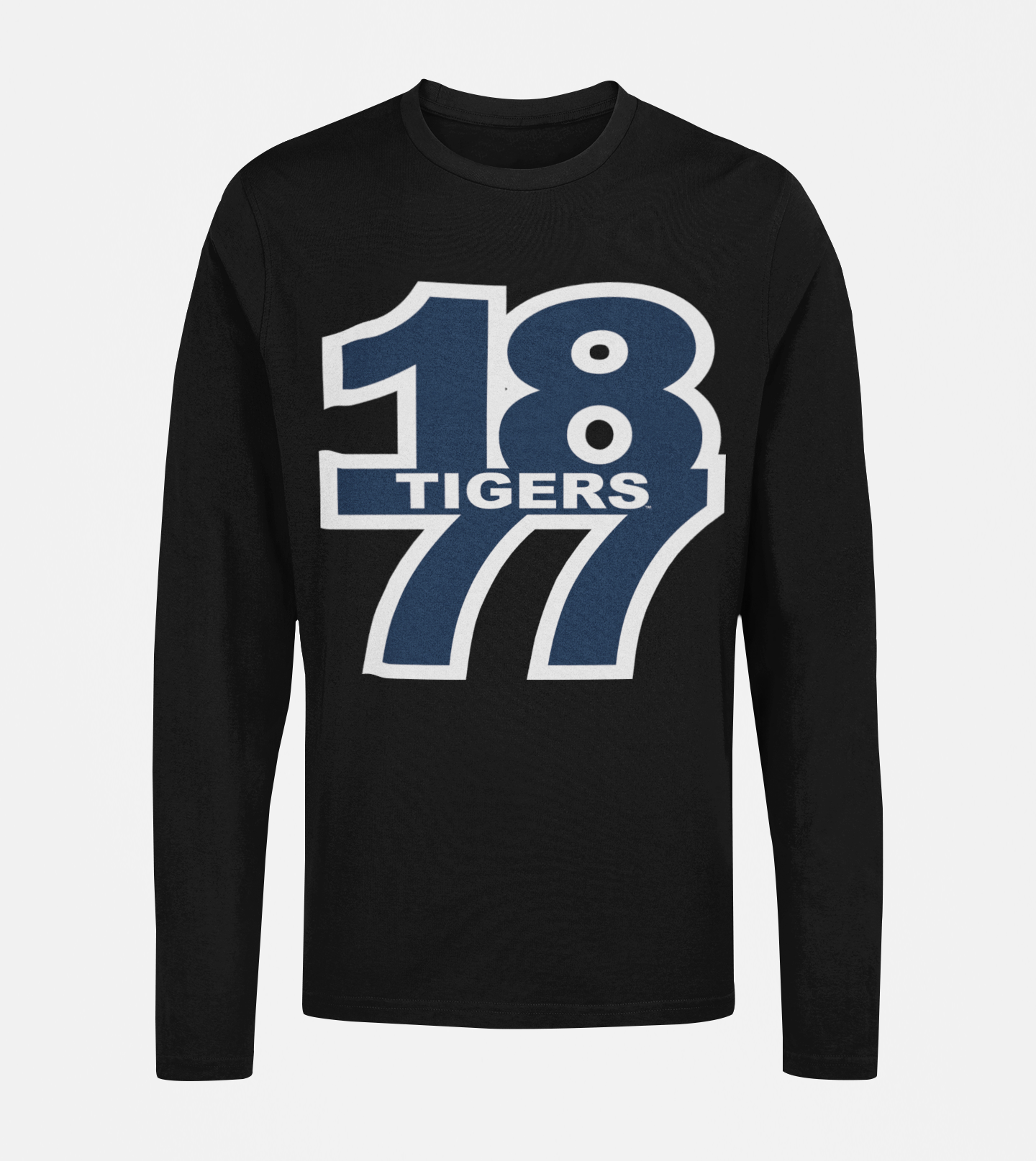 Black long-sleeve crew neck T-shirt with “18 Tigers” front graphic