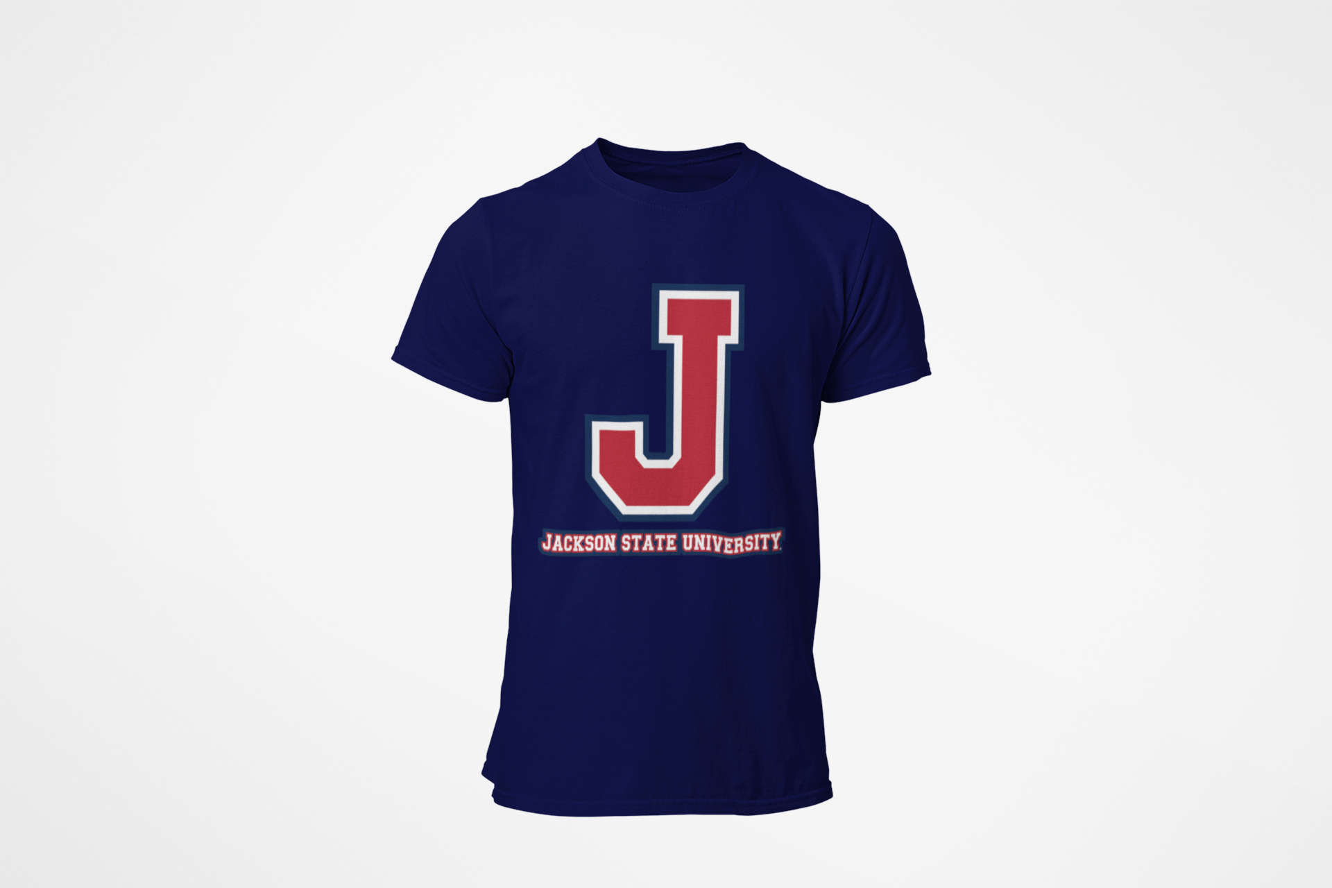 Unisex navy crew neck T-shirt with J logo and Jackson State University label