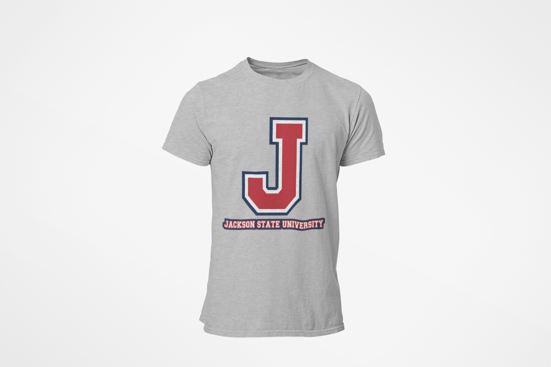 Heather gray crew-neck T-shirt with large J logo and tricolor outline on front