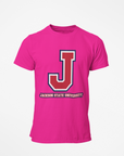 Pink crew-neck T-shirt with large J logo and tricolor outline on front