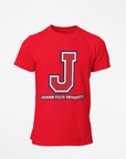 Red crew-neck T-shirt with large J logo and tricolor outline on front