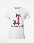 White crew-neck T-shirt with large J logo and tricolor outline on front