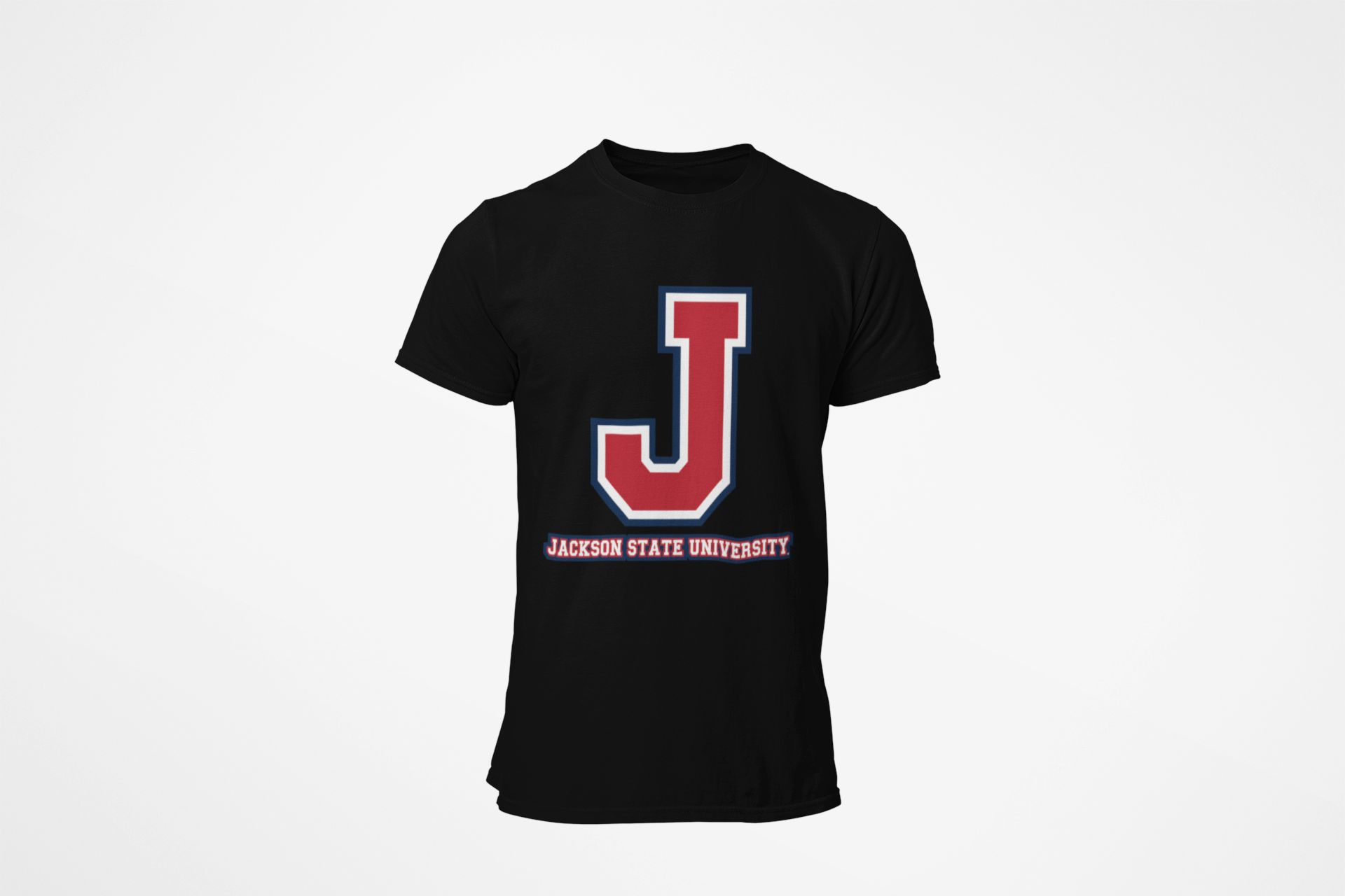 Black crew-neck T-shirt with large J logo and tricolor outline on front