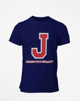 Navy crew-neck T-shirt with large J logo and tricolor outline on front