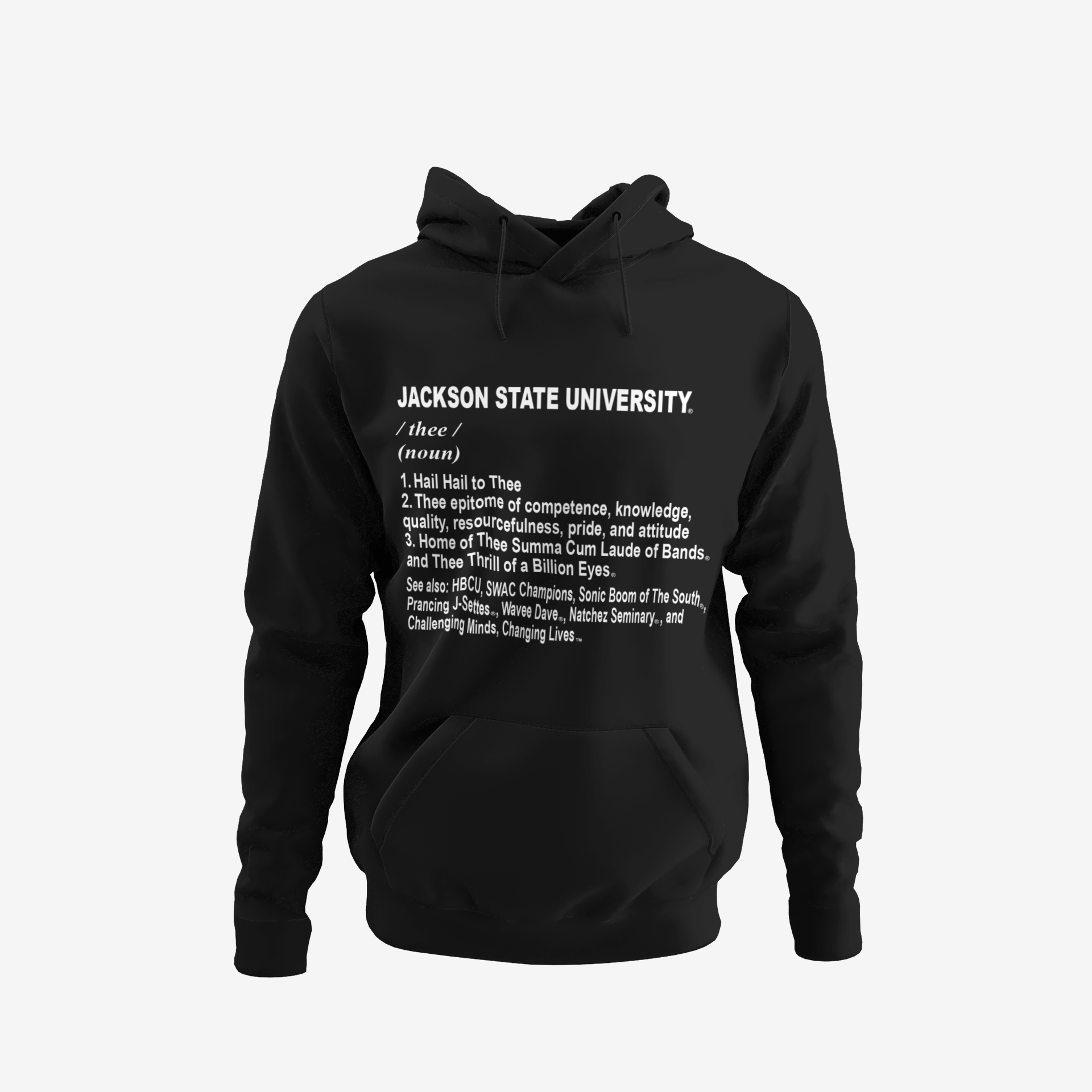 Youth black pullover hoodie with front text graphic, kangaroo pocket, and drawstring hood