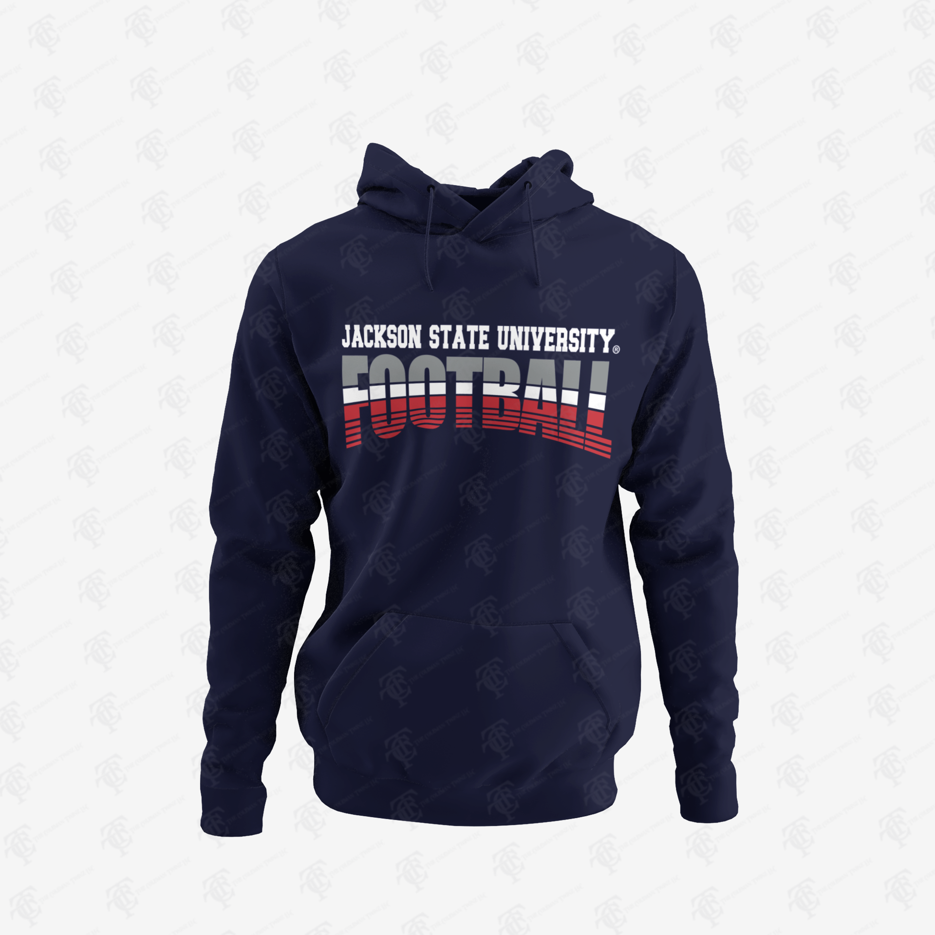 Navy pullover hoodie with Jackson State University Football tri-color front graphic
