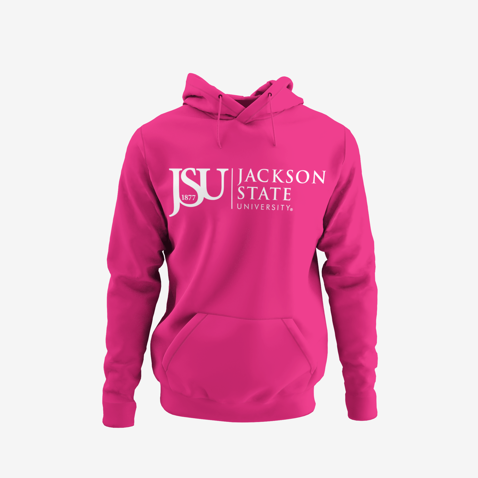 Youth pullover hoodie, pink with front Jacks﻿on State logo, kangaroo pocket, drawstring hood