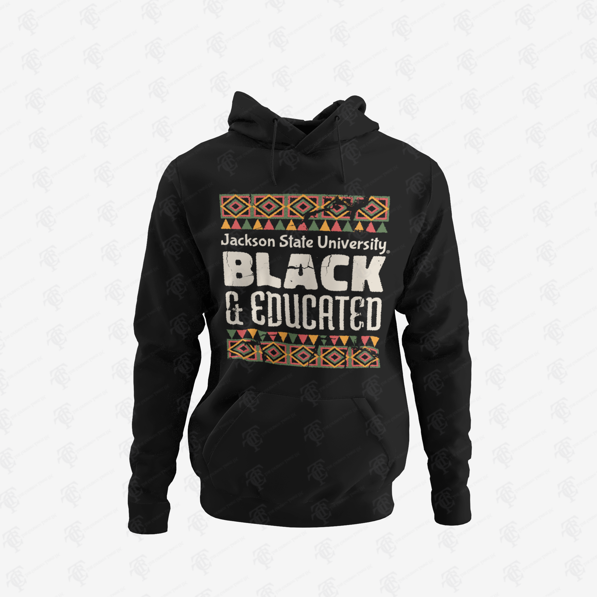 Black unisex pullover hoodie with front “Black &amp; Educated” logo graphic