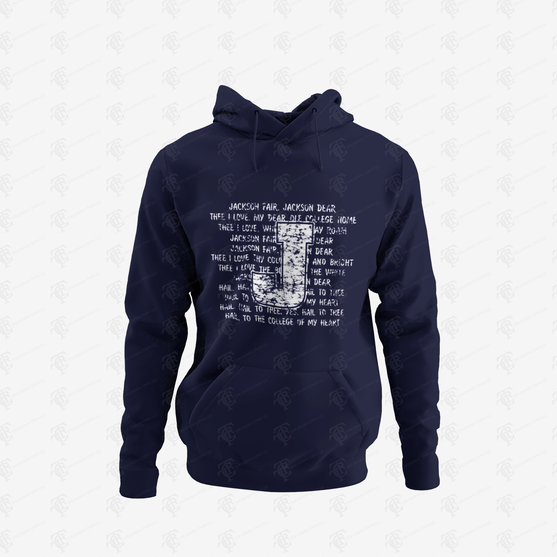 Unisex pullover hoodie, navy with front text graphic; hood and pouch pocket
