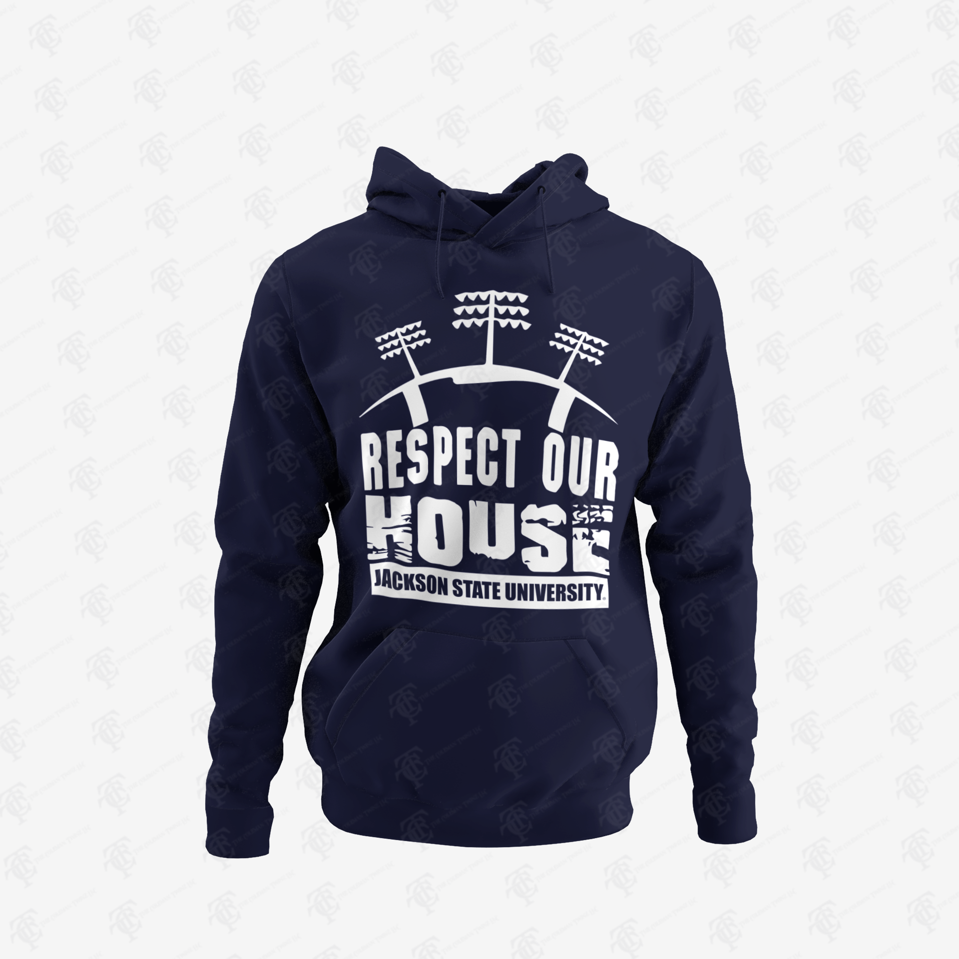 Navy blue pullover hoodie with front puff print graphic and hood drawstrings.