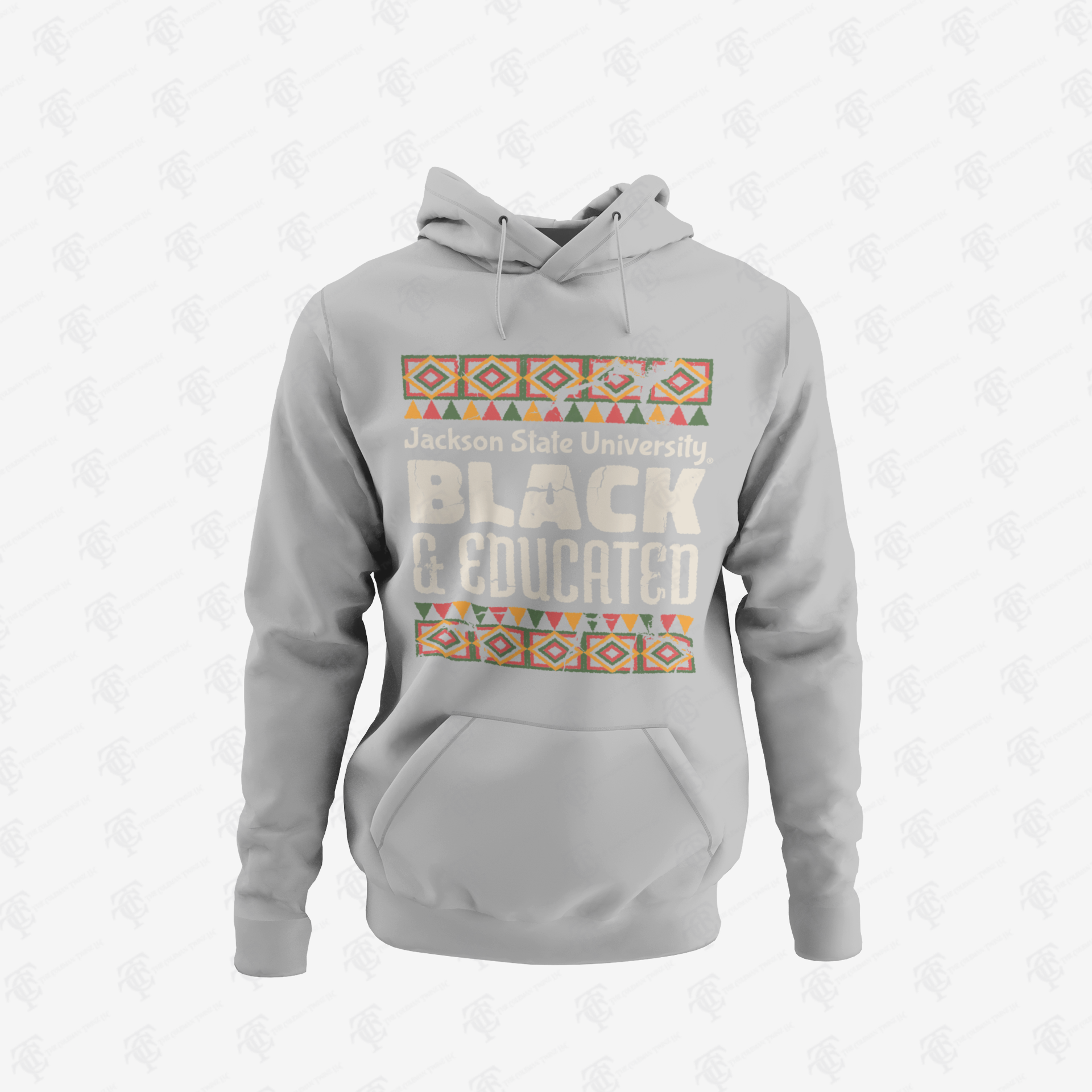 Light gray unisex pullover hoodie with front “Black &amp; Educated” graphic