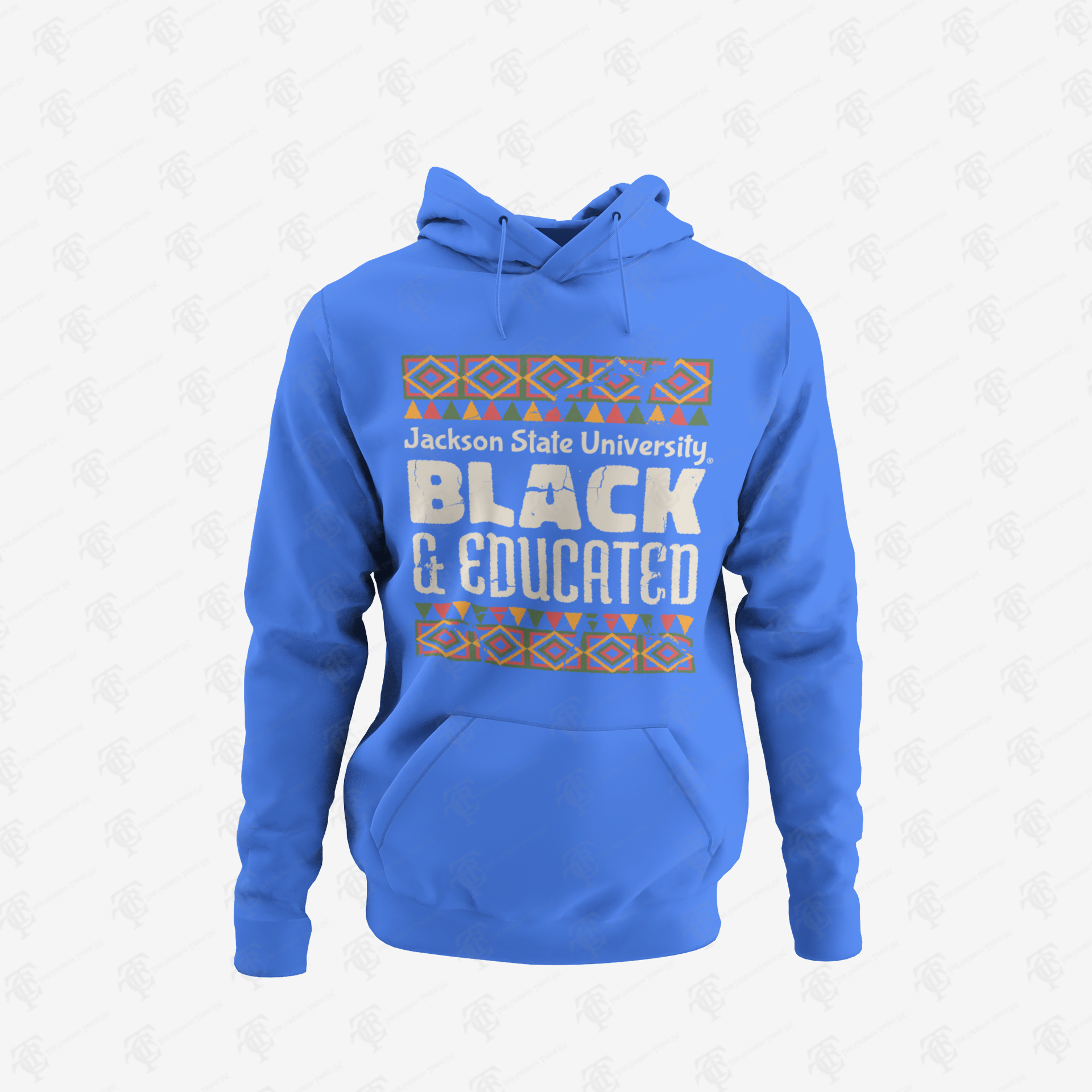 Blue unisex pullover hoodie with front “Black &amp; Educated” graphic